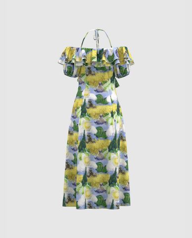  URBAN REVIVO - Đầm trễ vai midi phối bèo nữ tính 