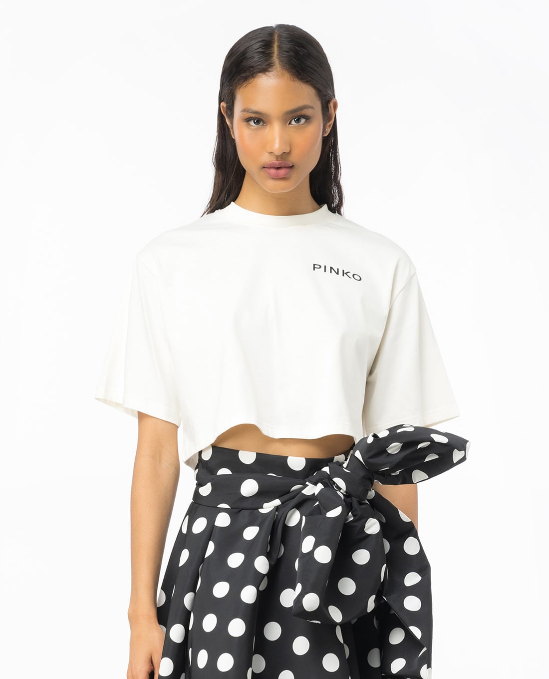 PINKO - Áo croptop nữ cổ tròn tay ngắn Termica