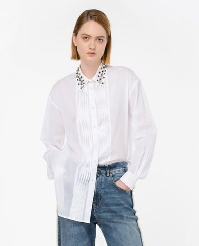  PINKO - Áo sơ mi cổ bẻ tay dài xếp li phối đá Carneia 