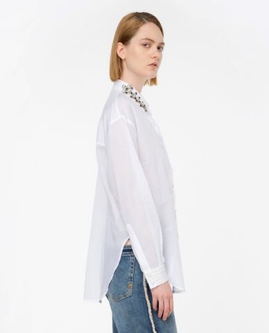  PINKO - Áo sơ mi cổ bẻ tay dài xếp li phối đá Carneia 