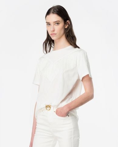  PINKO - Áo thun nữ cổ tròn tay ngắn phối tua rua cá tính 