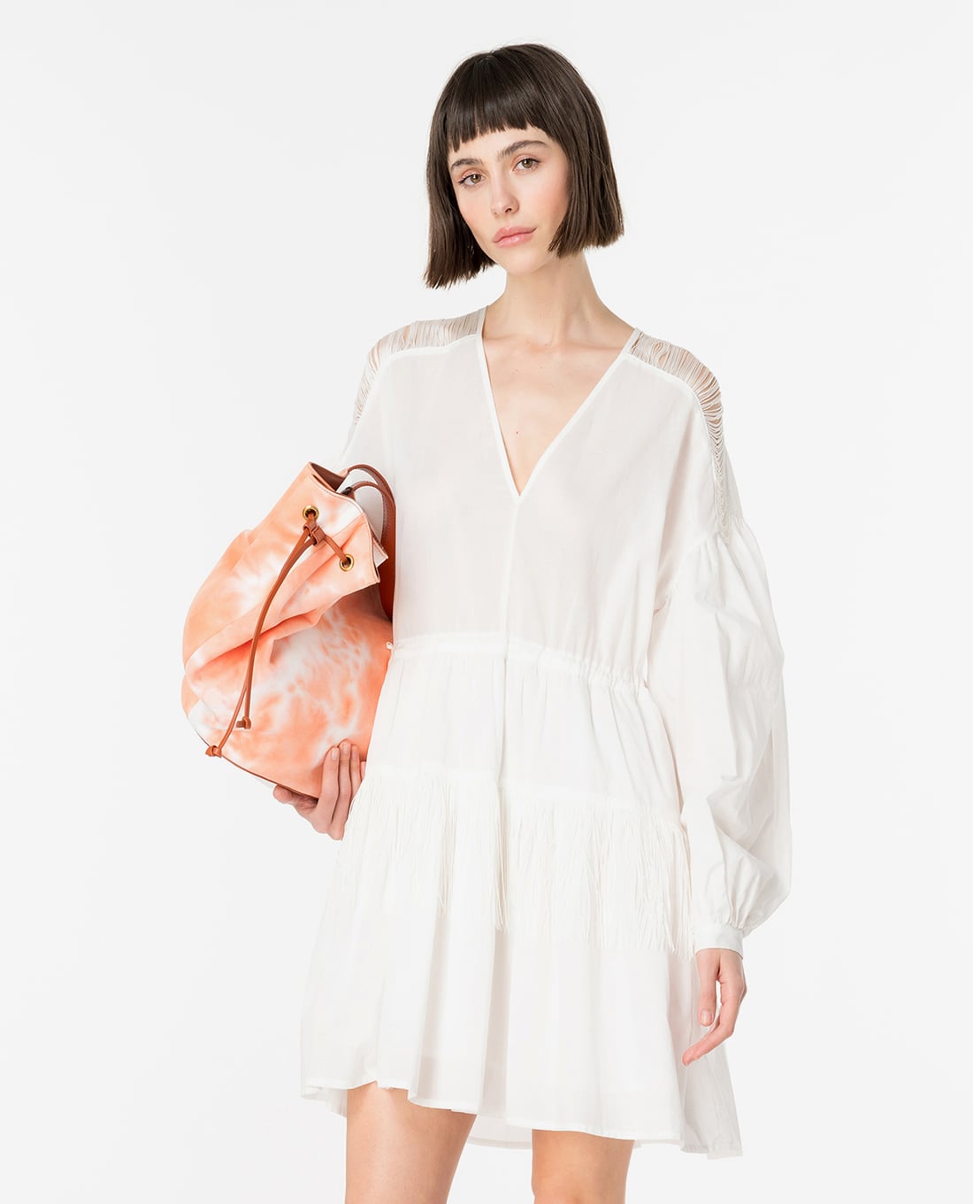 PINKO - Đầm xếp li mini cổ V tay bồng Baaria