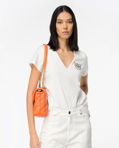  PINKO - Áo thun cổ chữ V tay ngắn phối logo đính đá Turbato 