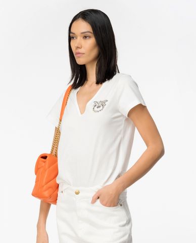  PINKO - Áo thun cổ chữ V tay ngắn phối logo đính đá Turbato 