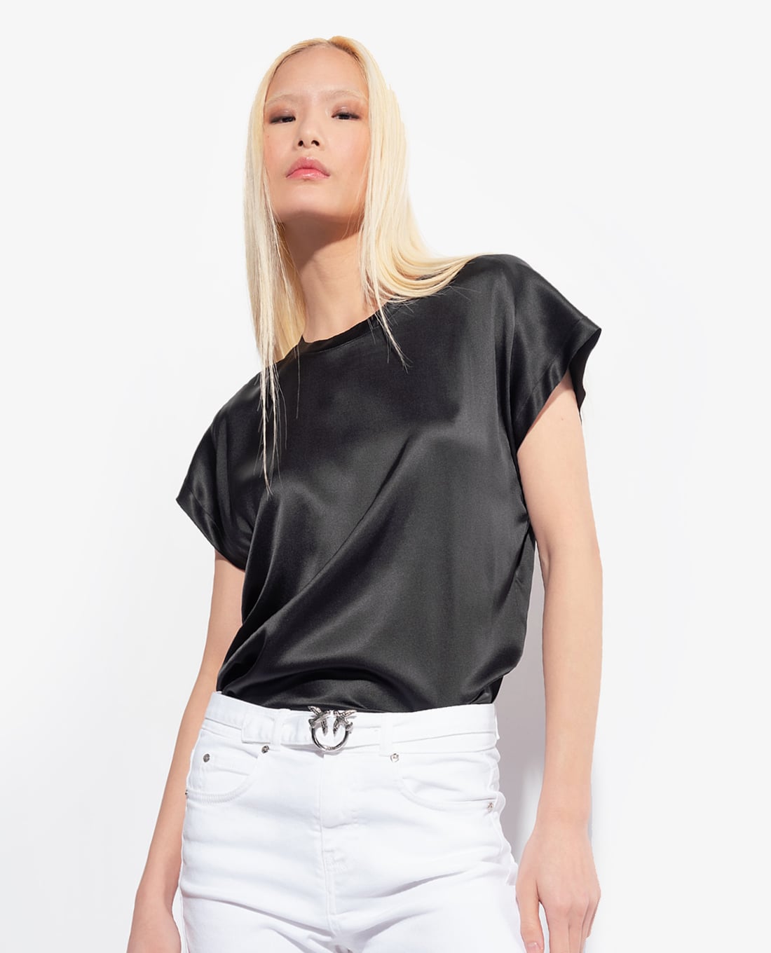 PINKO - Áo kiểu nữ phom suông ngắn tay Stretch Satin