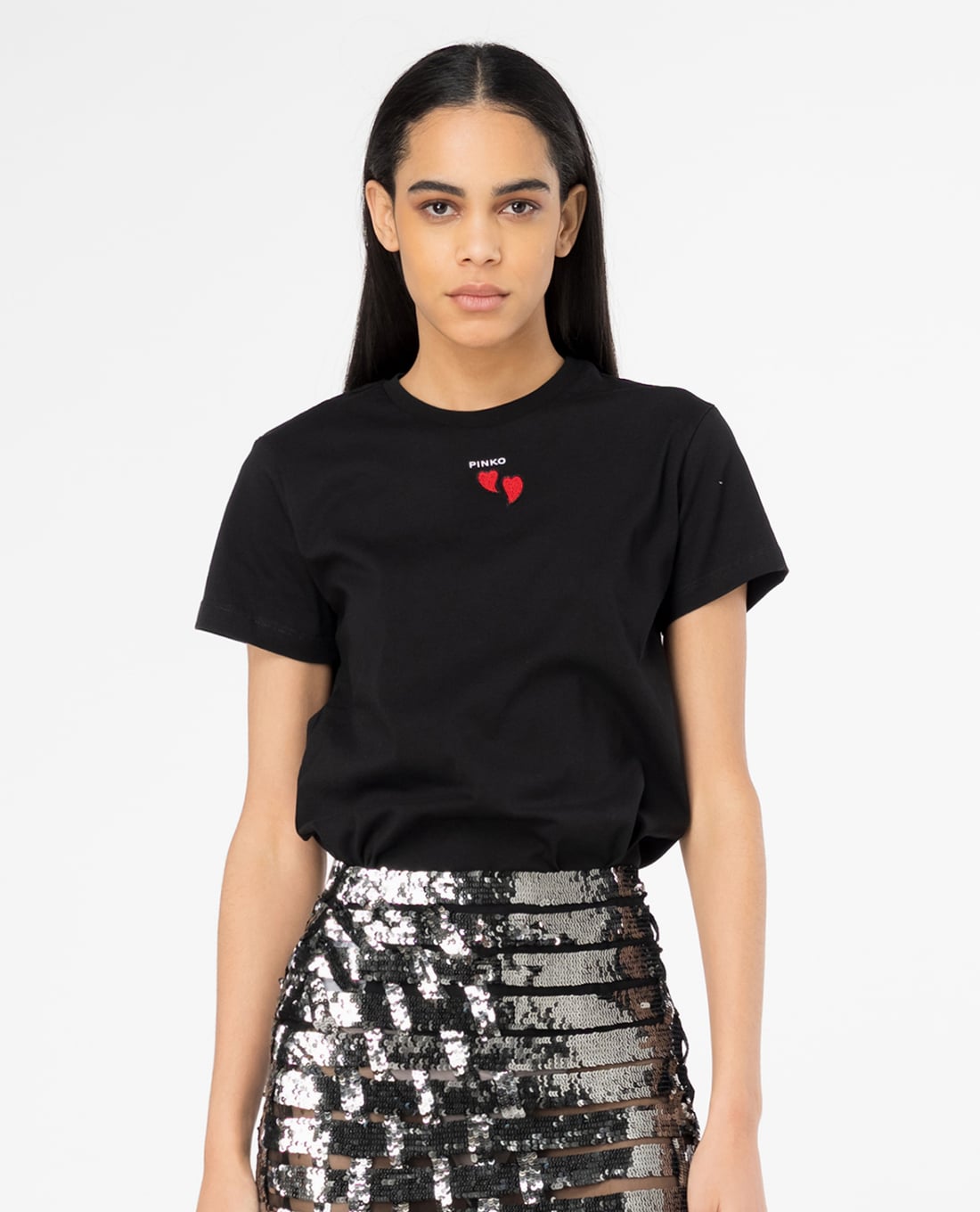 PINKO - Áo thun cổ tròn tay ngắn phối hình thêu trái tim Trapani