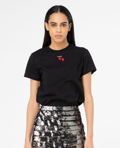  PINKO - Áo thun cổ tròn tay ngắn phối hình thêu trái tim Trapani 