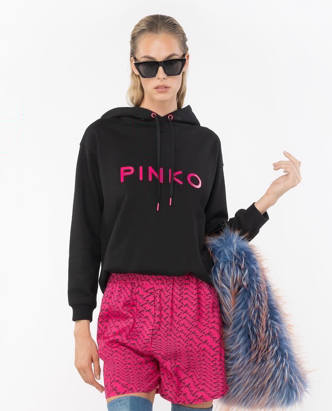 PINKO - Áo hoodie nữ phối mũ tay dài Skype Maglia Felpa