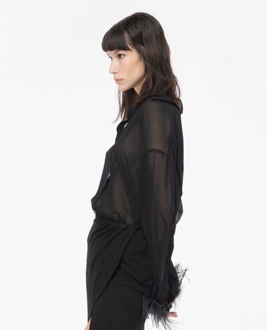  PINKO - Áo sơ mi xuyên thấu cổ bẻ tay dài phối lông vũ Circe 
