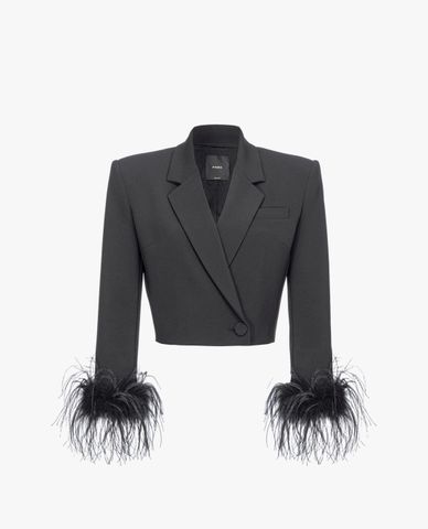  PINKO - Áo khoác blazer croptop vổ V tay dài phối lông vũ Zagarese 