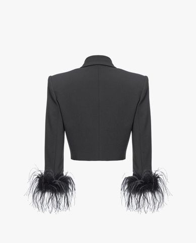  PINKO - Áo khoác blazer croptop vổ V tay dài phối lông vũ Zagarese 