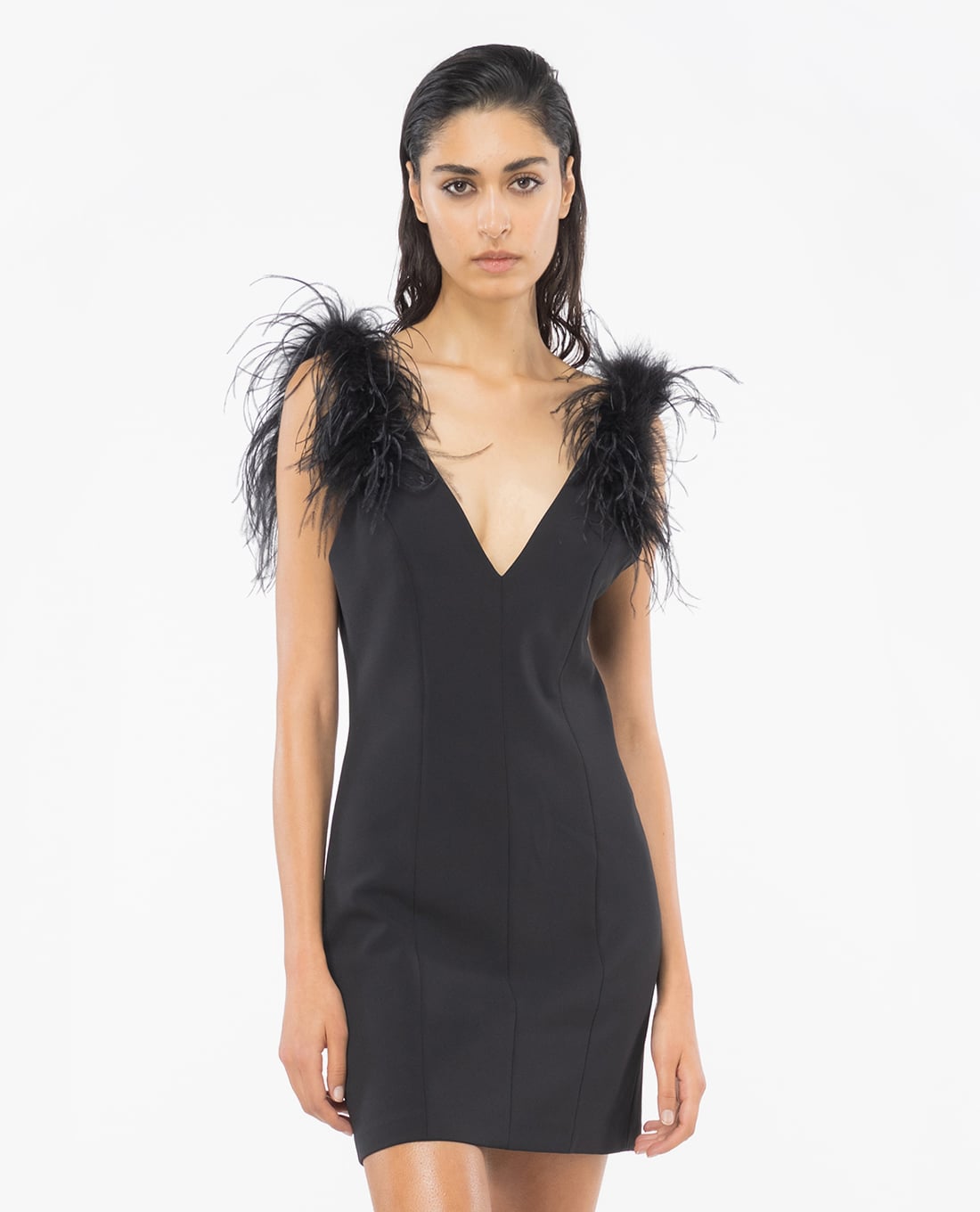 PINKO - Đầm sát nách mini cổ V phối lông vũ Pica