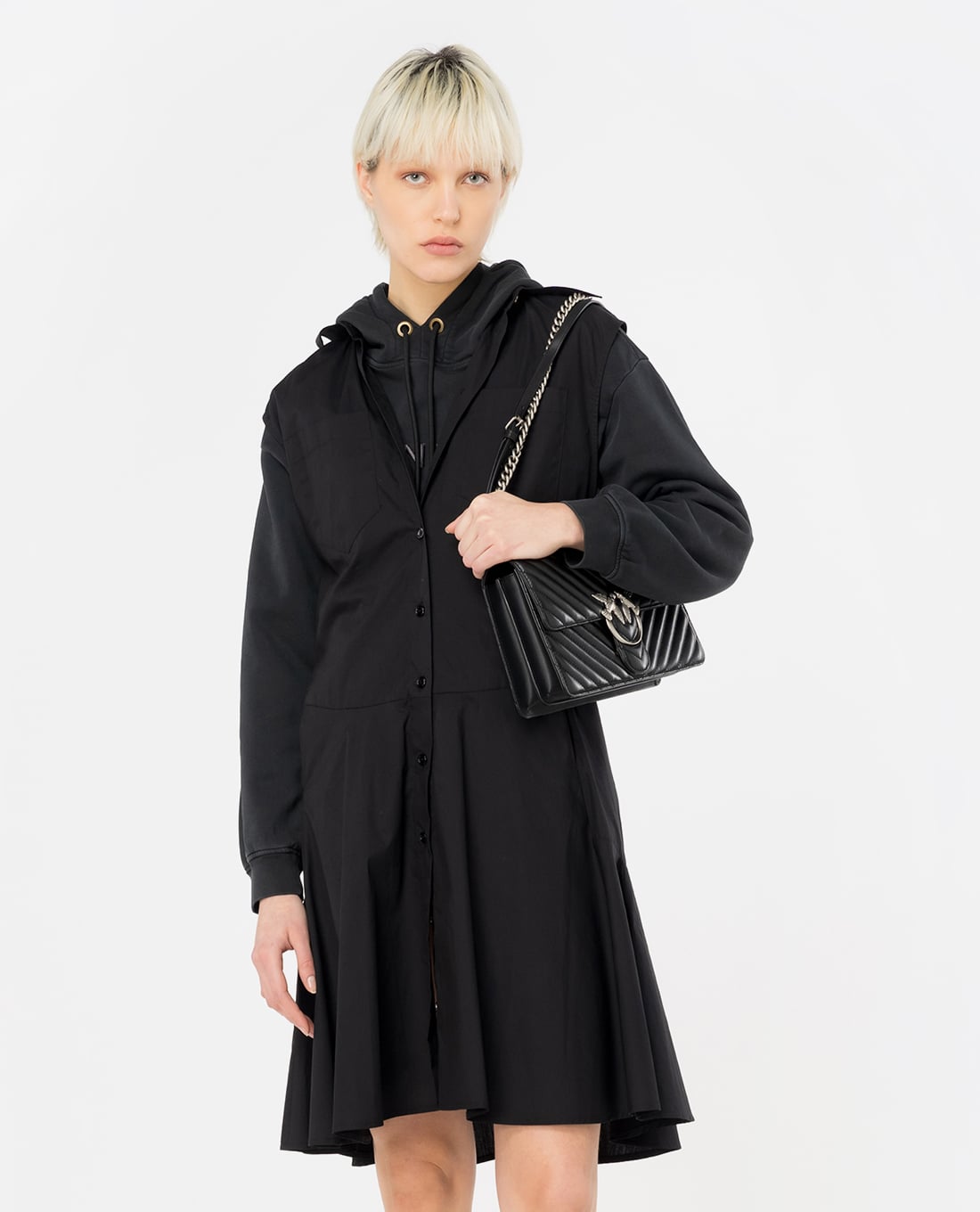 PINKO - Đầm sơ mi sát nách mini cổ bẻ phối thắt lưng Anaceta