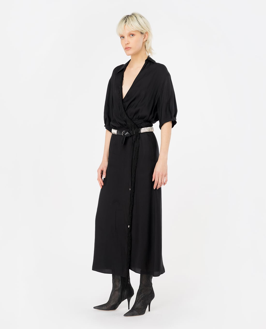 PINKO - Đầm xếp li midi cổ V tay ngắn phối tua rua Macbeth