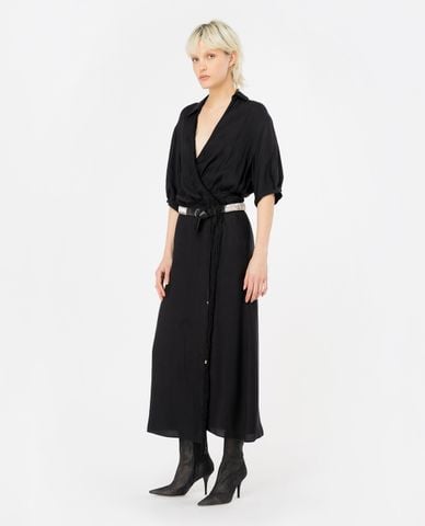  PINKO - Đầm xếp li midi cổ V tay ngắn phối tua rua Macbeth 