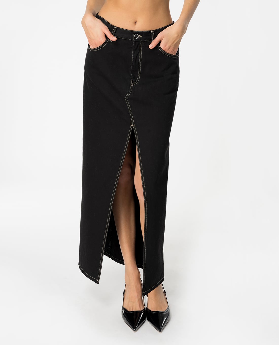 PINKO - Chân váy denim midi xẻ tà Riders