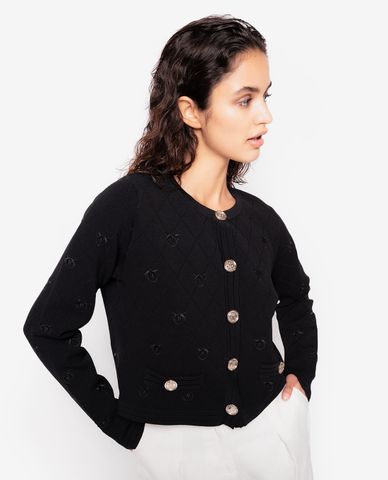 PINKO - Áo khoác cardigan nữ tay dài cổ tròn Cropped Jacquard Love Birds 