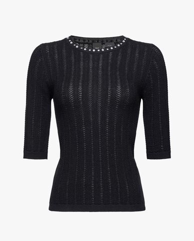  PINKO - Áo dệt kim nữ cổ tròn ngắn tay phom ôm tôn dáng 