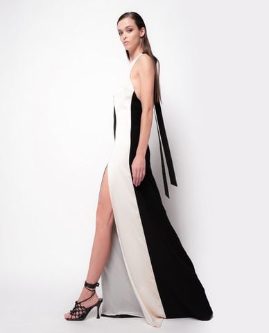  PINKO - Đầm dự tiệc maxi cổ yếm phối xẻ tà Mirtillo 