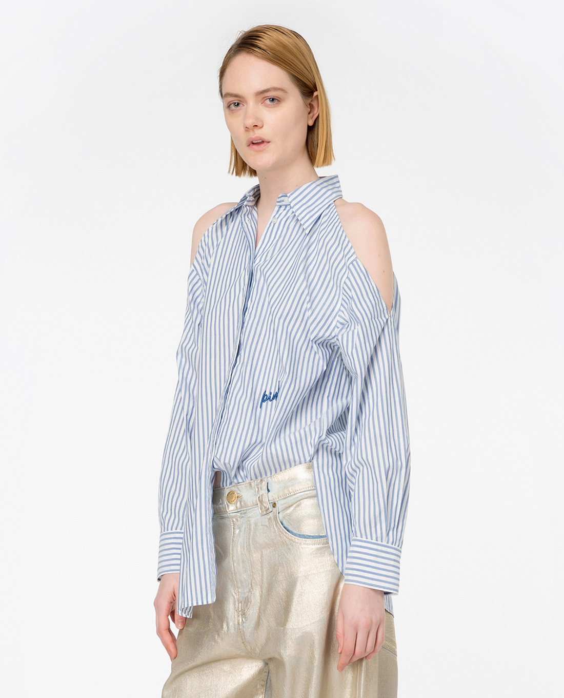 PINKO - Áo sơ mi cổ bẻ tay dài cut out vai hoạ tiết sọc Canterno