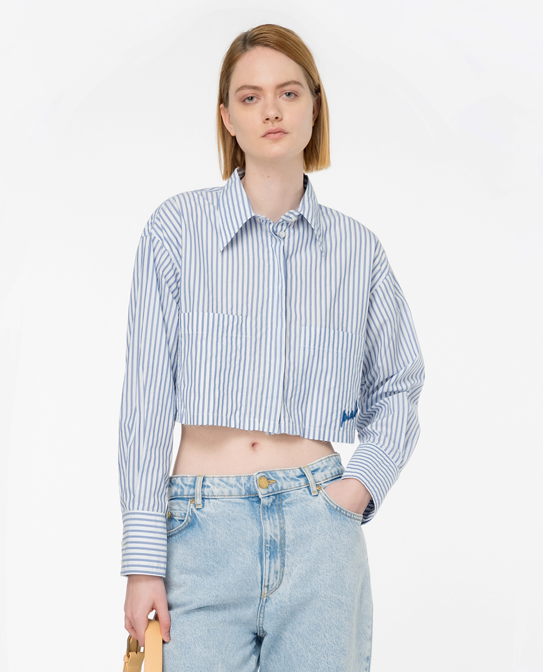 PINKO - Áo sơ mi croptop cổ bẻ tay dài phối sọc dọc Pergusa