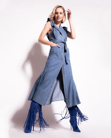  PINKO - Đầm denim midi cổ tròn Bocce 