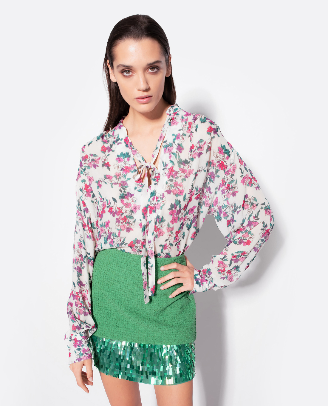 PINKO - Áo kiểu nữ cổ V tay dài họa tiết hoa Benita