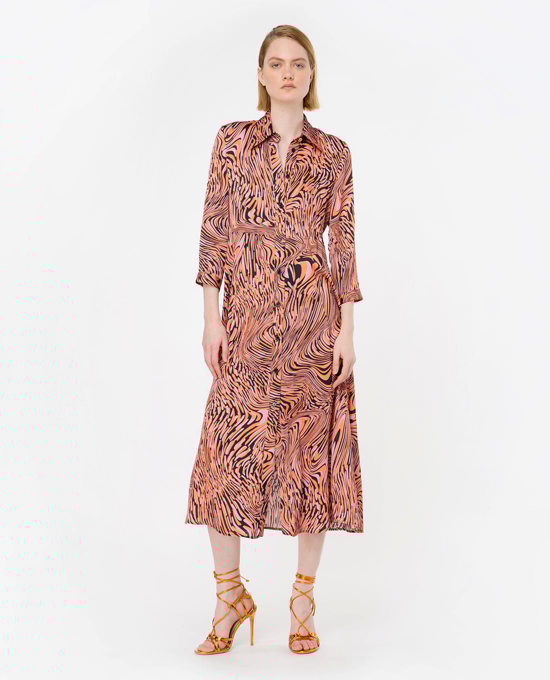 PINKO - Đầm sơ mi midi cổ bẻ tay dài hoạ tiết phối thắt lưng Amimone