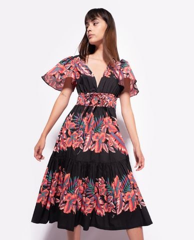  PINKO - Đầm xếp tầng midi cổ V tay phồng Adottato 