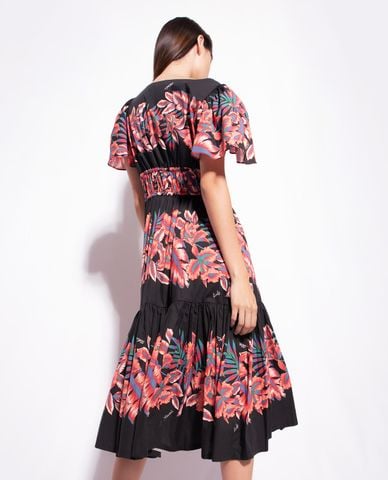  PINKO - Đầm xếp tầng midi cổ V tay phồng Adottato 