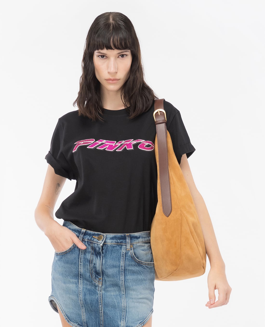 PINKO - Áo thun nữ cổ tròn tay ngắn phối logo đính đá Telesto