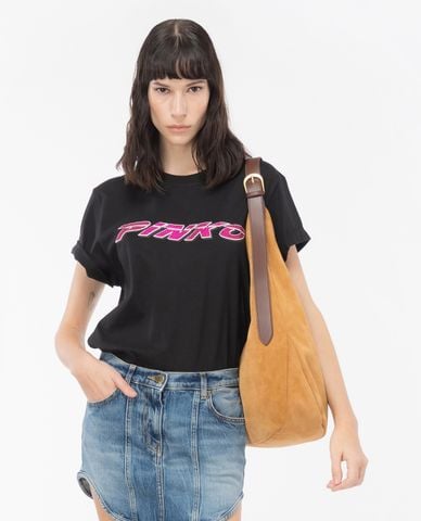  PINKO - Áo thun nữ cổ tròn tay ngắn phối logo đính đá Telesto 