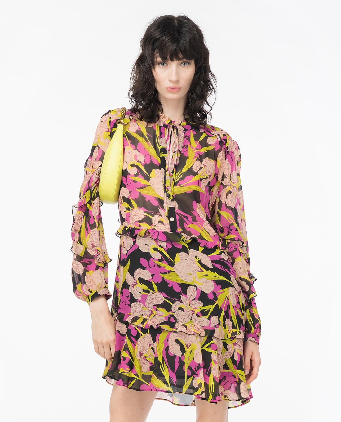 PINKO - Đầm xếp tầng mini tay dài phối bèo Piccadilly