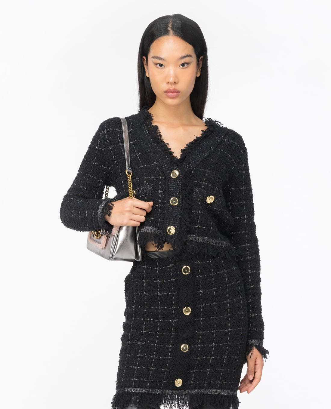 PINKO - Áo khoác tweed nữ cổ V tay dài Babbuino