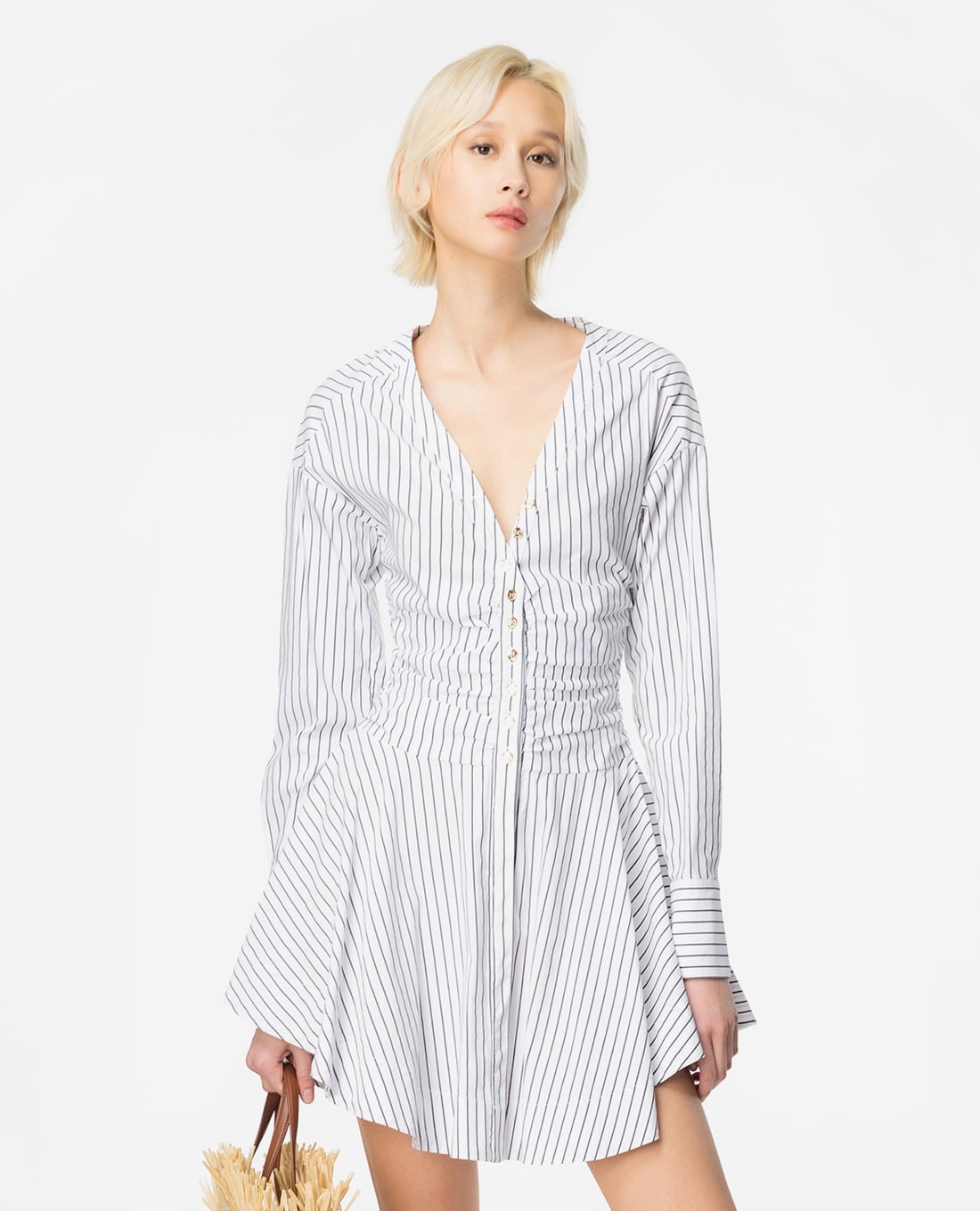 PINKO - Đầm sơ mi mini xếp li kẻ sọc cổ V thanh lịch