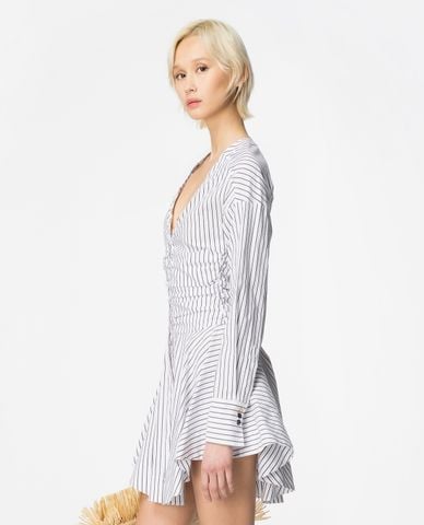  PINKO - Đầm sơ mi mini xếp li kẻ sọc cổ V thanh lịch 