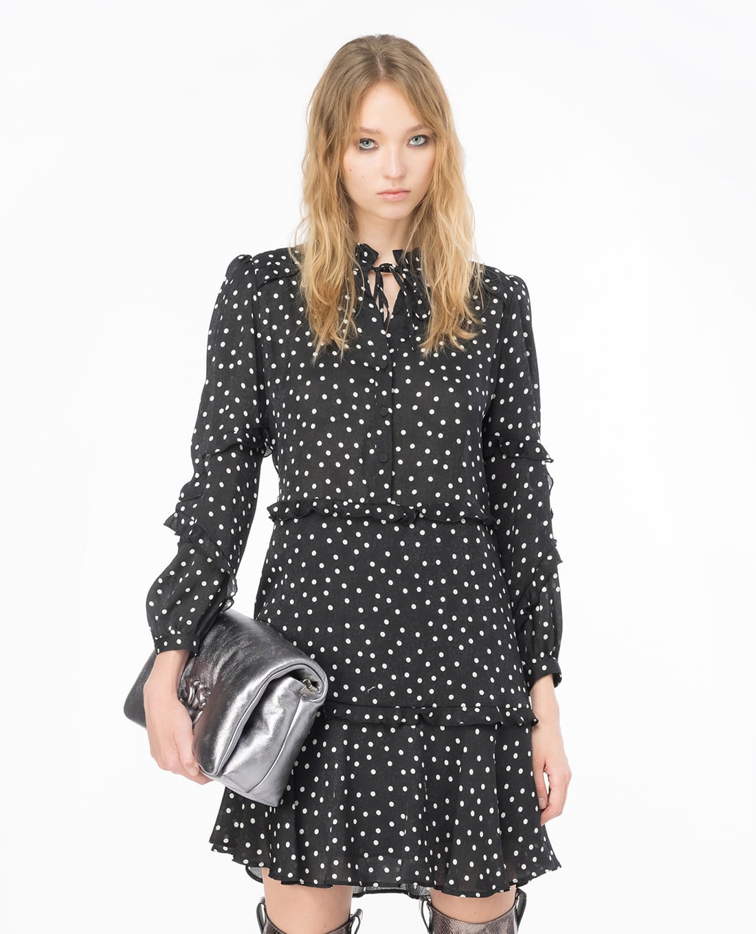 PINKO - Đầm xếp tầng mini tay dài phối bèo Piccadilly