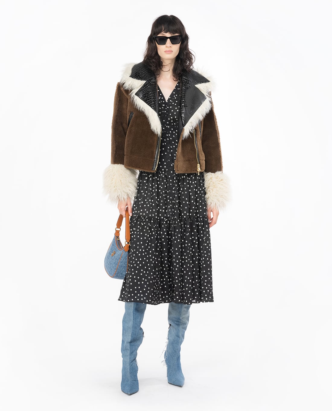 PINKO - Đầm xếp li midi cổ V tay dài Isometria