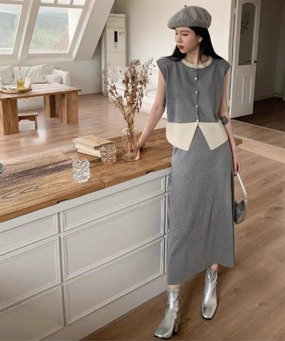  Set áo ghi lê phối màu kèm chân váy maxi thun dệt - Nhakholiti - ST137 