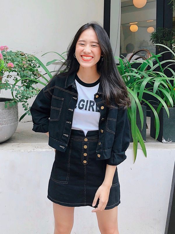 Chân váy jean đen phối khuy