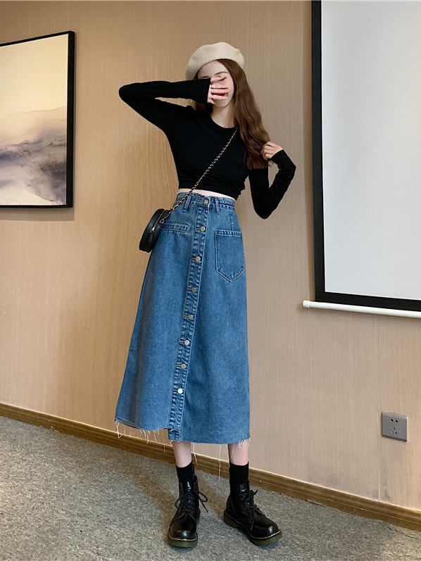 CAO CẤP Chân váy jean dài xòe trơn xẻ tà cài nút vải dày mềm không co dãn  C096  Shopee Việt Nam