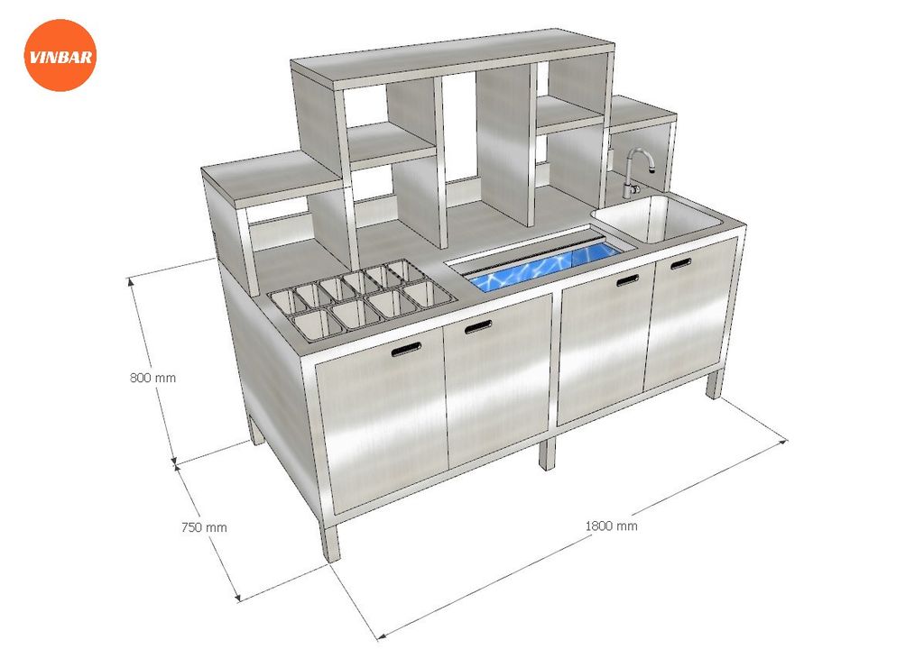 QUẦY BAR INOX 304 - 1.8m CÓ KHUNG ĐỂ KHAY TOPPING