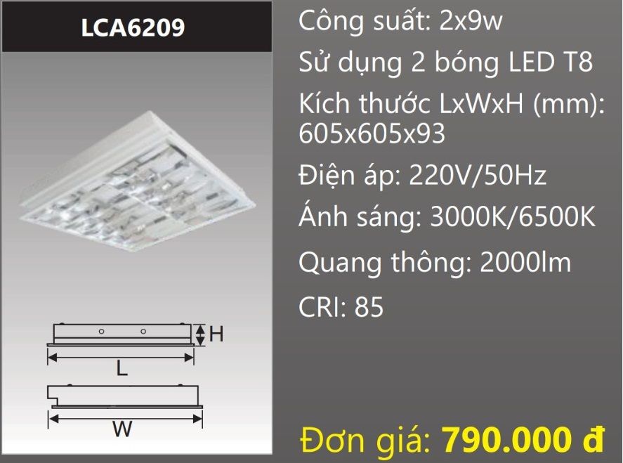 MÁNG ĐÈN ÂM TRẦN 600x600 (60x60) CHÓA PHẢN QUANG GẮN 2 BÓNG 6 TẤC LED 2x9W DUHAL LCA6209