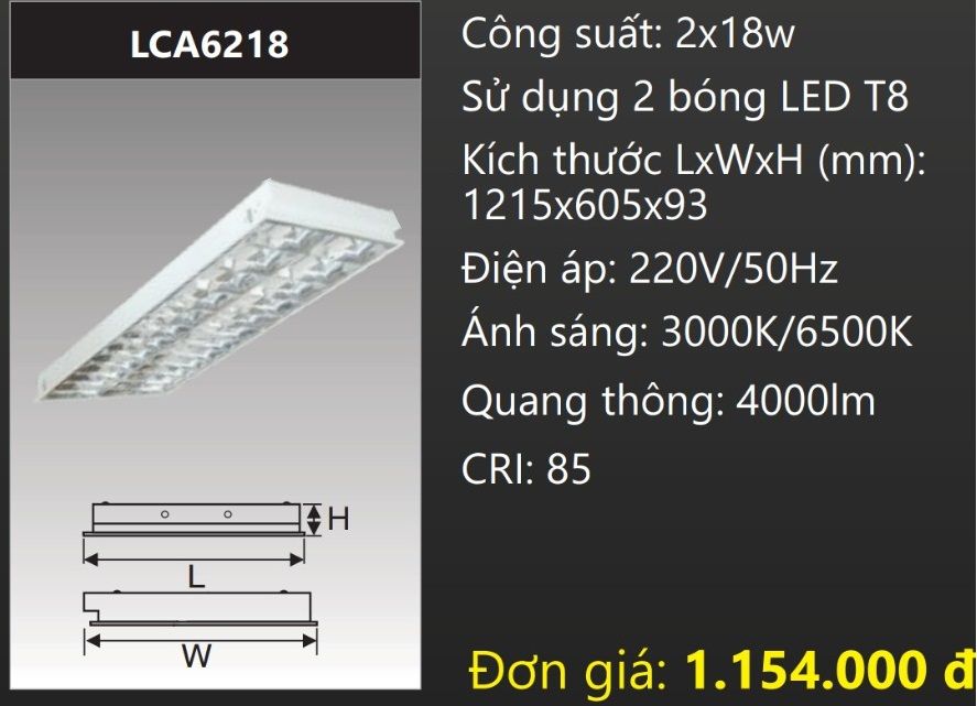 MÁNG ĐÈN ÂM TRẦN 600x1200 (60x120) CHÓA PHẢN QUANG GẮN 2 BÓNG 1M2 LED 2x18W DUHAL LCA6218