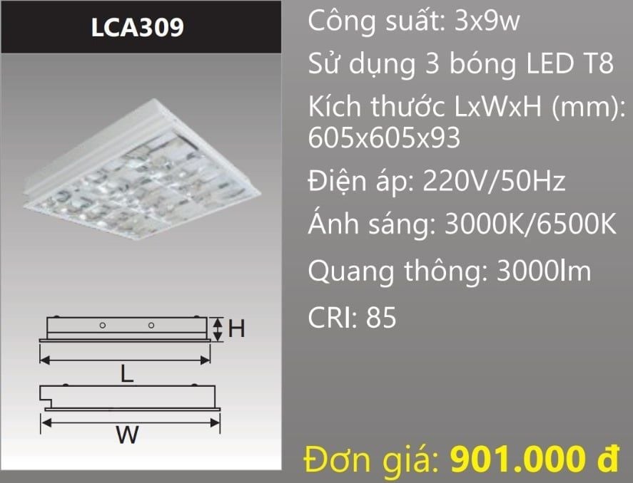 MÁNG ĐÈN ÂM TRẦN 600x600 (60x60) CHÓA PHẢN QUANG GẮN 3 BÓNG 6 TẤC LED 3x9W DUHAL LCA309