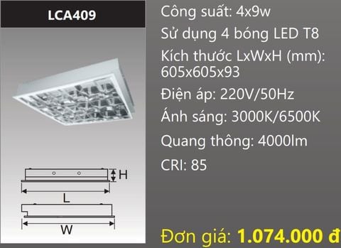  MÁNG ĐÈN ÂM TRẦN 600x600 (60x60) CHÓA PHẢN QUANG GẮN 4 BÓNG 6 TẤC LED 4x9W DUHAL LCA409 