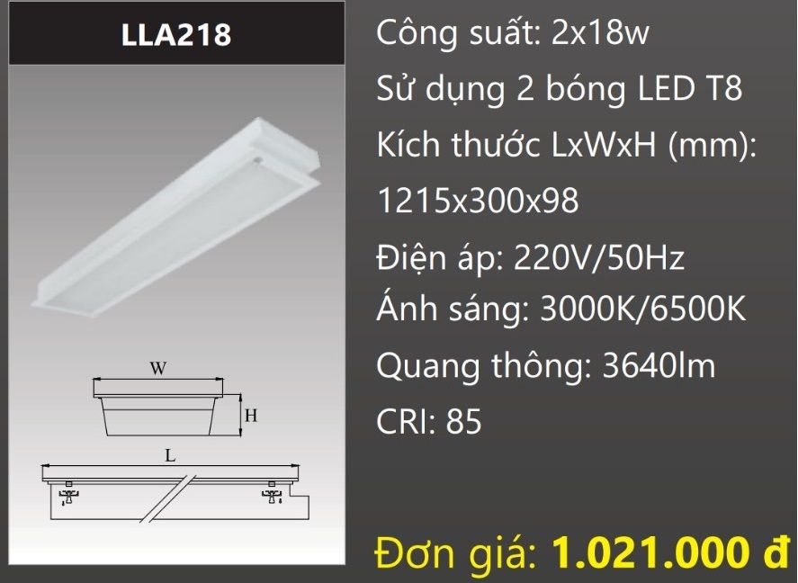 MÁNG ĐÈN ÂM TRẦN MẶT CHỤP MICA 300X1200 (30X120) GẮN 2 BÓNG 1M2 LED 2X18W DUHAL LLA218