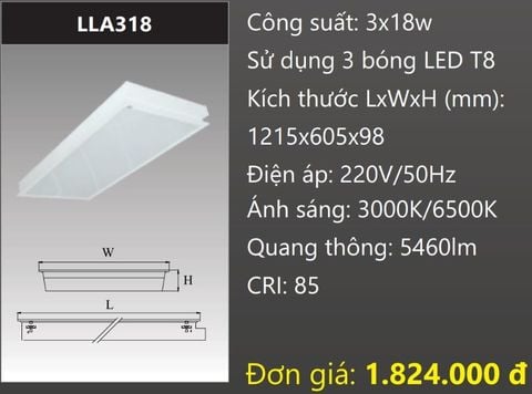  MÁNG ĐÈN ÂM TRẦN MẶT CHỤP MICA 600X1200 (60X120) GẮN 3 BÓNG 1M2 LED 3X18W DUHAL LLA318 