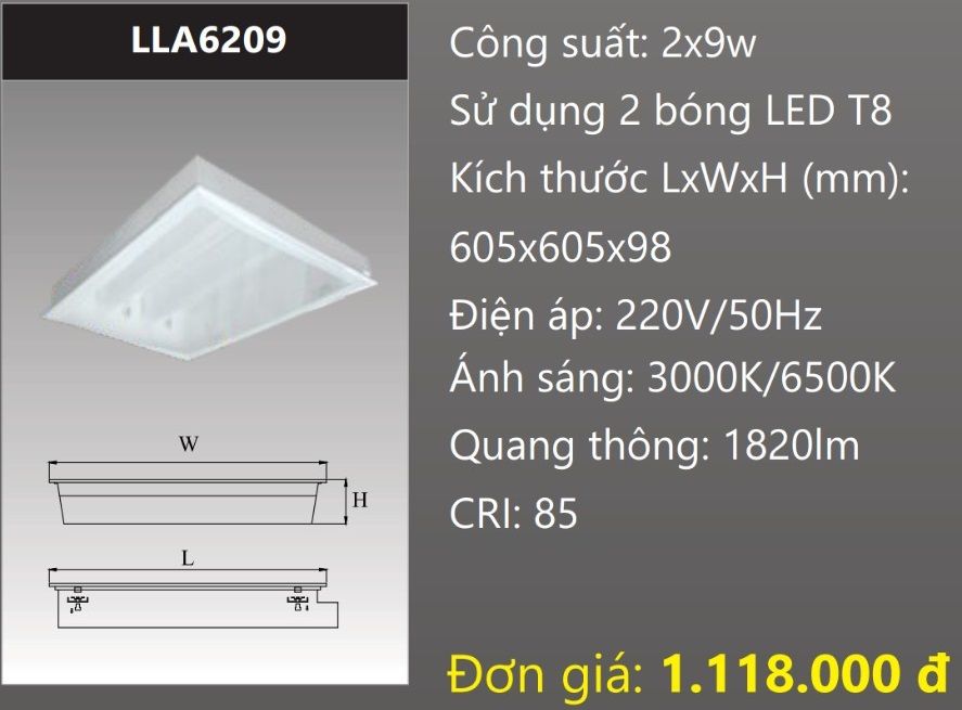 MÁNG ĐÈN ÂM TRẦN MẶT CHỤP MICA 600X600 (60X60) GẮN 2 BÓNG 6 TẤC LED 2X9W DUHAL LLA6209