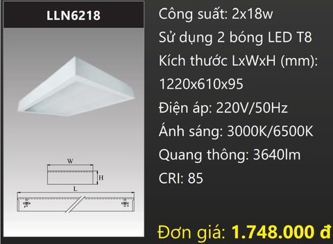  MÁNG ĐÈN CHỤP MICA 600x1200 (60x120) LẮP NỔI GẮN 2 BÓNG 1M2 LED 2x18W DUHAL LLN6218 